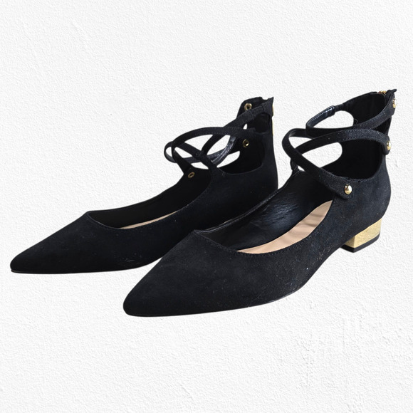 Aldo Black Suede Marieta Lace-Up Flats Gold Heel Zip Ballet Shoes Size 6.5 NWT - Picture 4 of 13